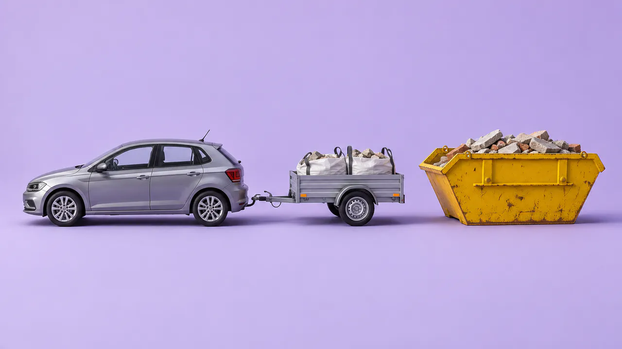 Voiture avec remorque chargée de sacs à côté d’une benne jaune, fond lavande.