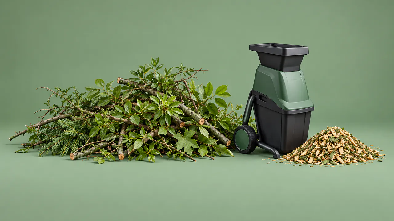 Tas de branches et de feuilles à côté d’un broyeur de jardin et de copeaux de bois, fond vert sauge.