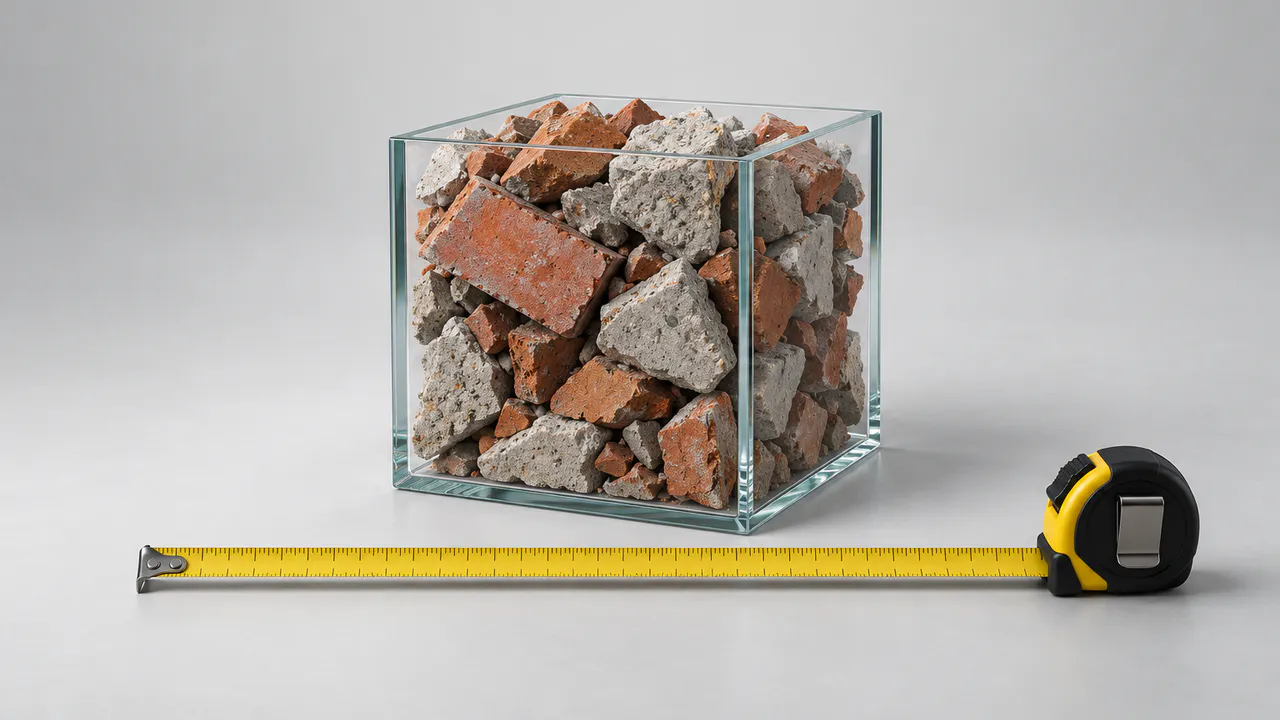 Cube transparent rempli de gravats avec un mètre ruban posé devant.