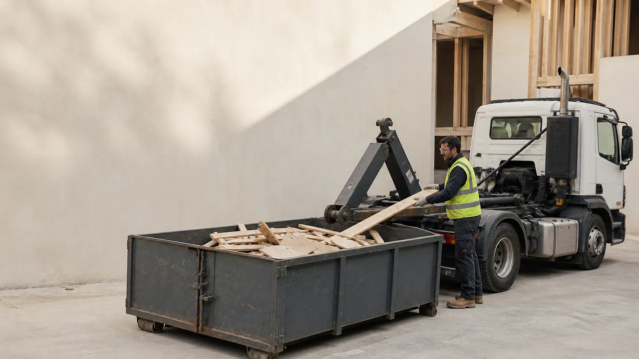 Professionnel rangeant des chutes de bois dans une benne dédiée au recyclage.