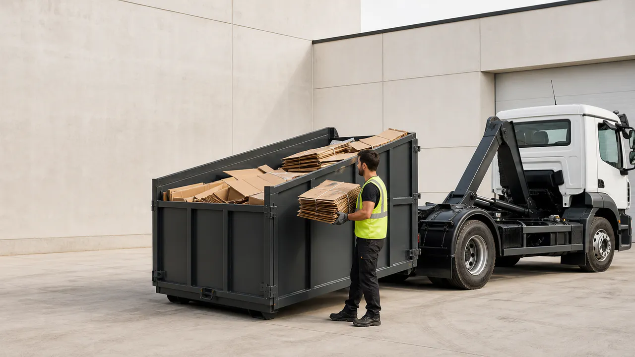 Employé déposant des cartons aplatis dans une benne de collecte dédiée.