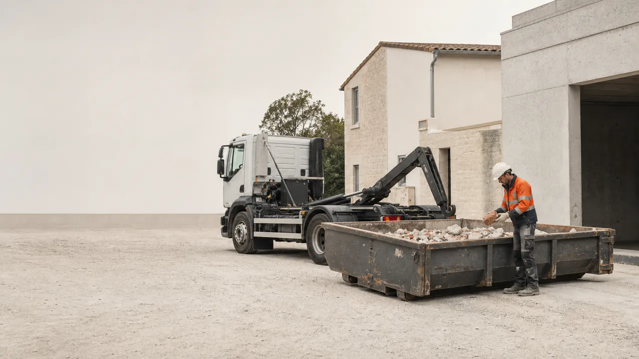 Maçon chargeant des morceaux de béton et de brique dans une benne à gravats.