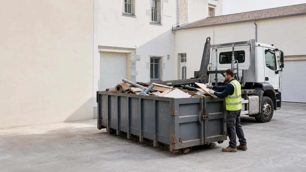 Artisan triant des déchets de rénovation mélangés dans une benne tout-venant.