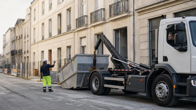 Conducteur guidant la pose d’une benne dans une rue urbaine dense.