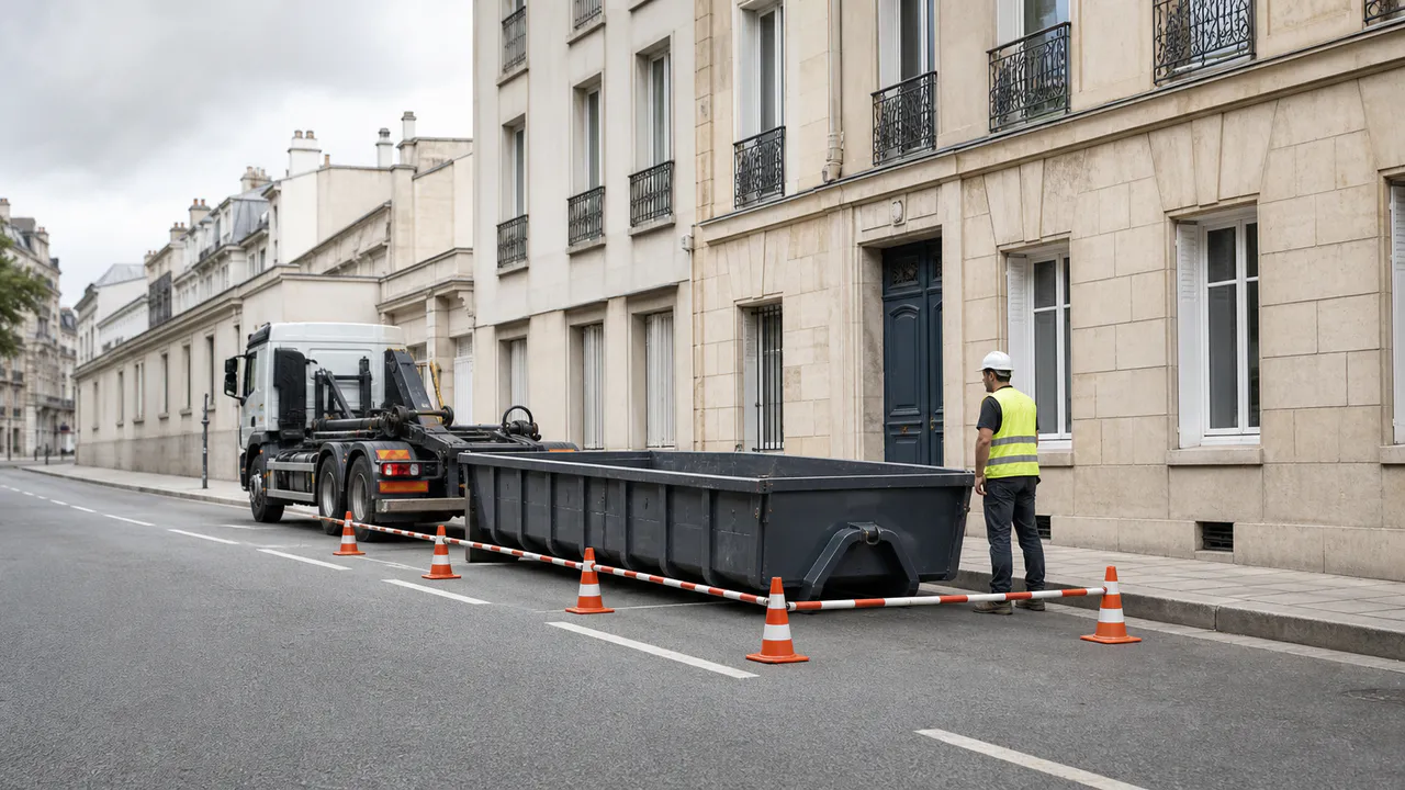 Benne correctement balisée sur la chaussée avec un professionnel à proximité.