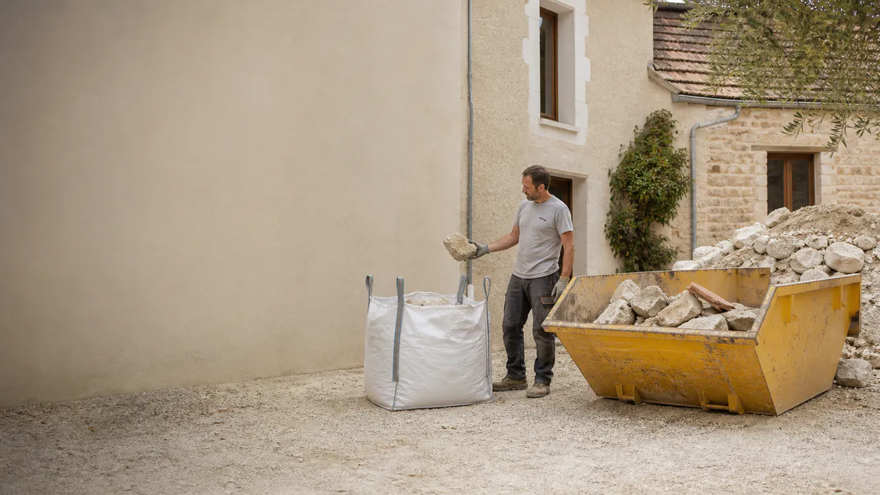 Maçon entre un big bag d’un mètre cube et une petite benne à gravats.