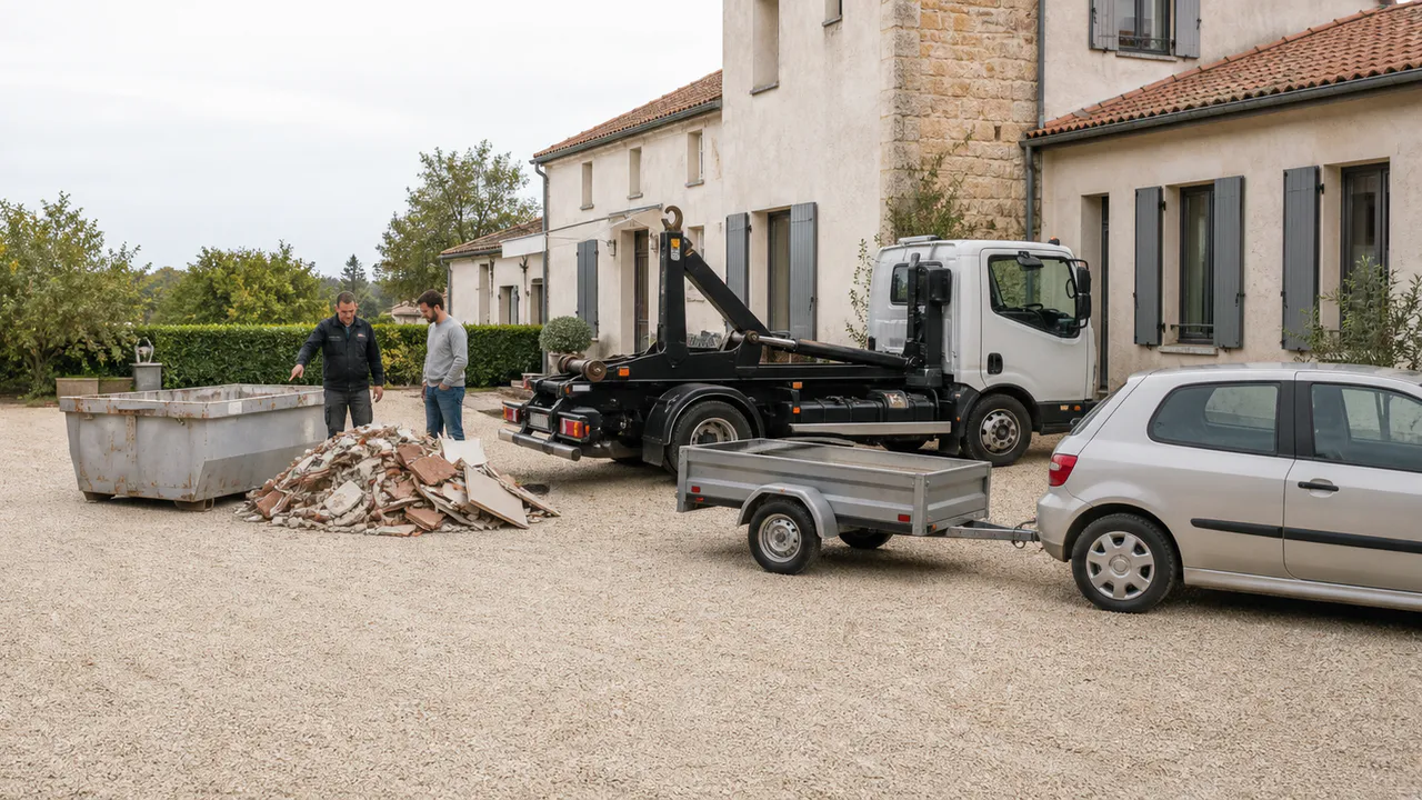 Petite benne de chantier et véhicule avec remorque illustrant deux solutions d’évacuation.