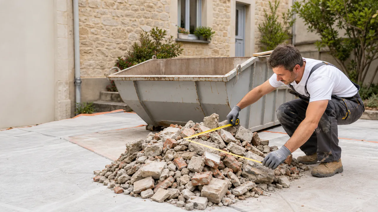 Artisan mesurant un tas de gravats au ruban avant de choisir une benne.