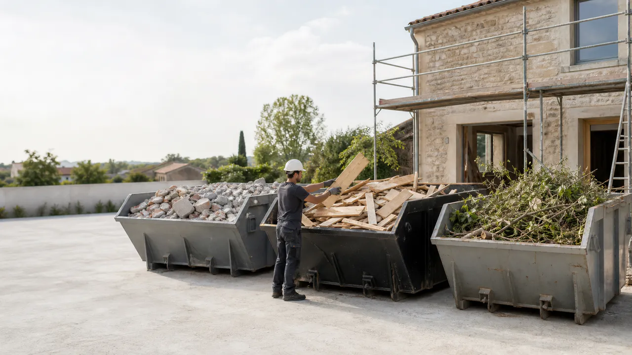 Opérateur devant plusieurs bennes contenant des matériaux triés par catégorie.