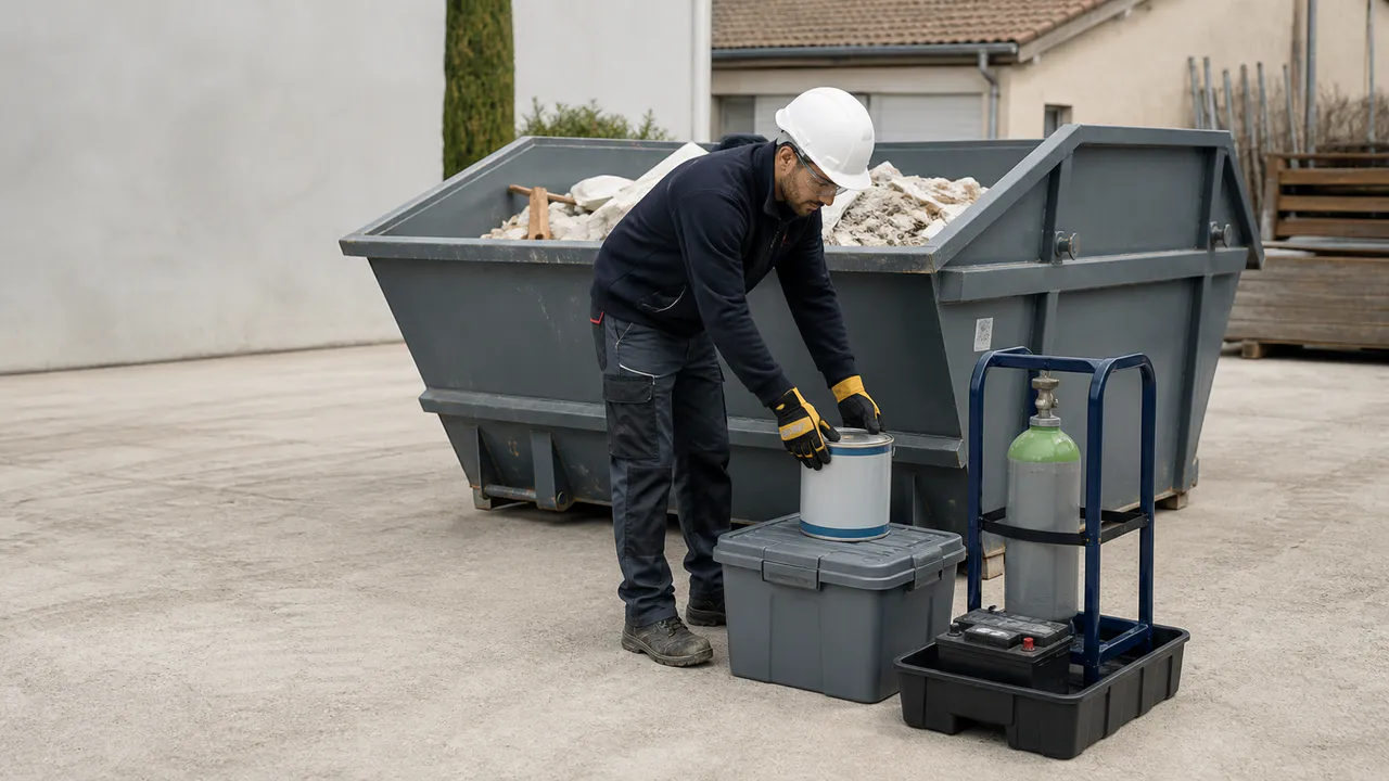 Professionnel séparant des déchets dangereux dans des contenants dédiés, hors de la benne.