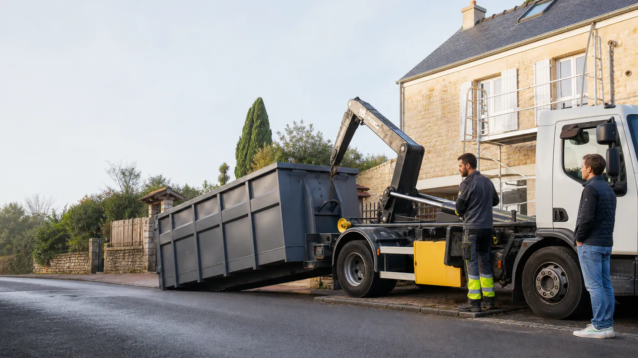 Chauffeur livrant une benne ampliroll devant une maison française en rénovation.