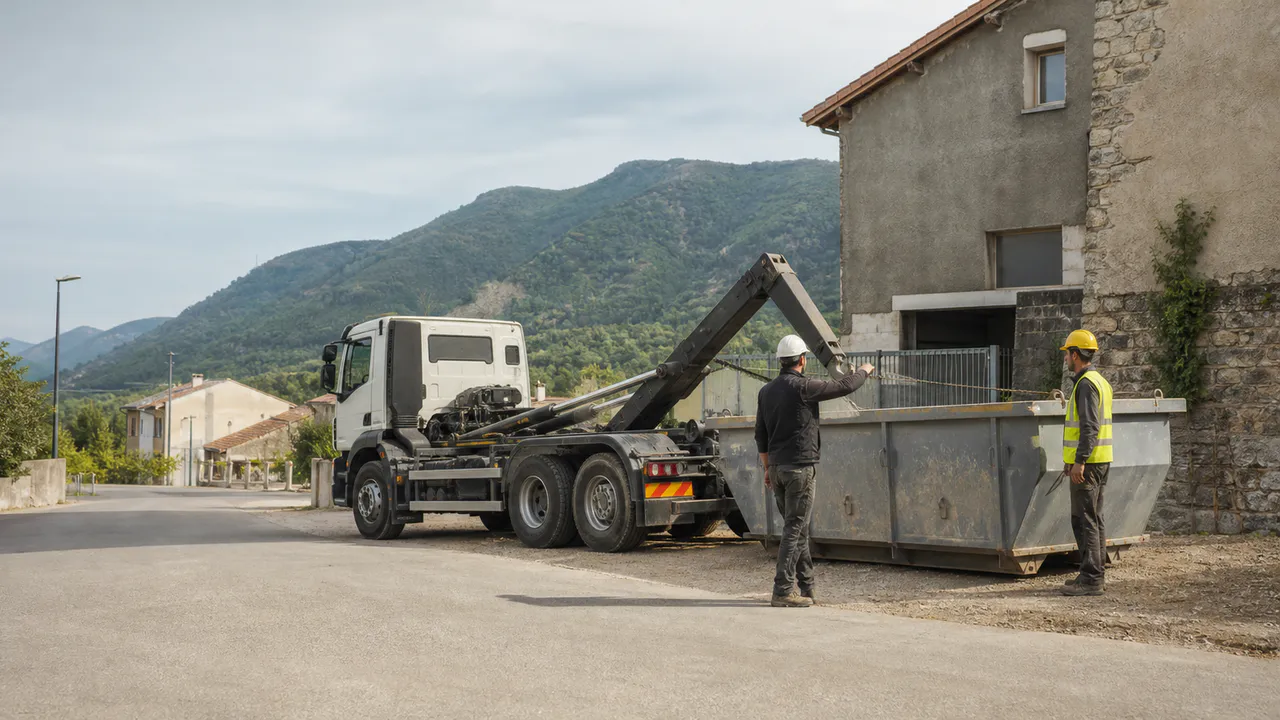 Équipe guidant une livraison de benne dans une commune au pied de collines boisées.