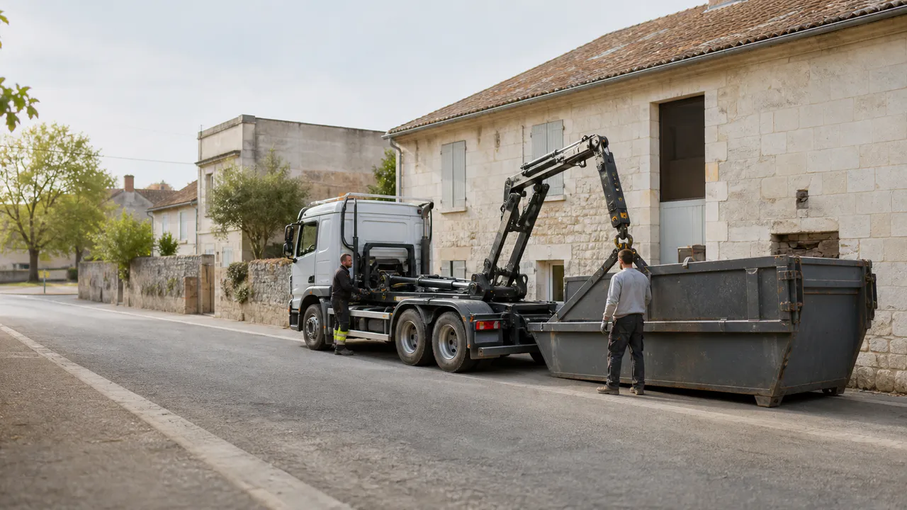 Camion ampliroll livrant une benne près d’une rénovation en pierre claire.
