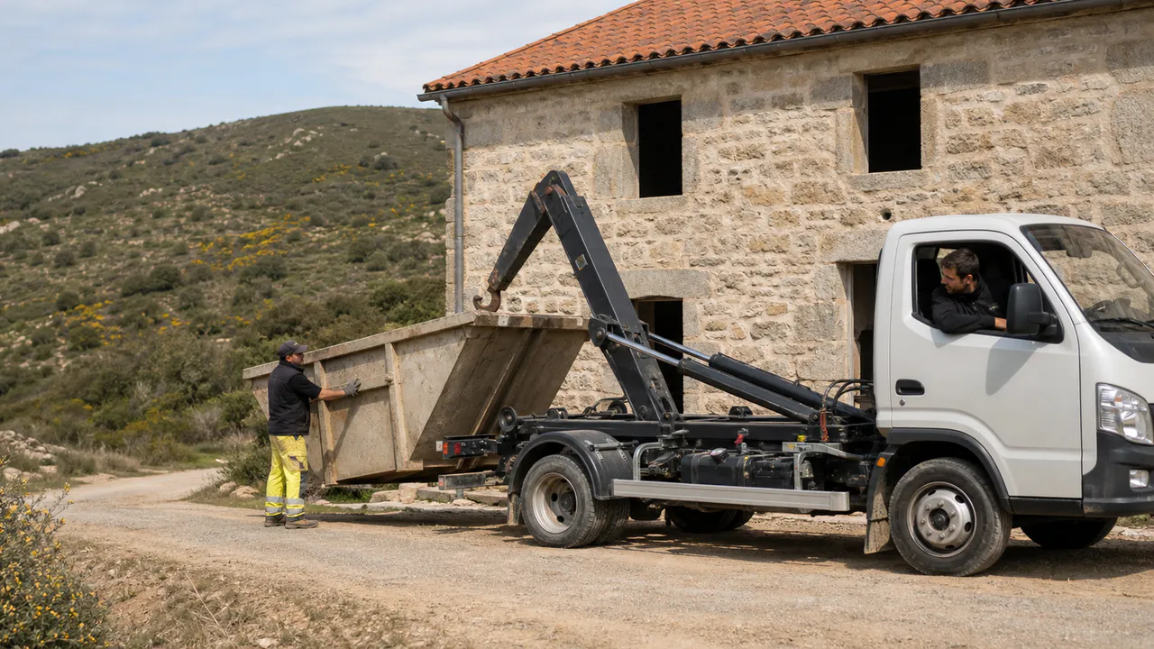 Petit camion ampliroll déposant une benne près d’une maison en pierre et du maquis.