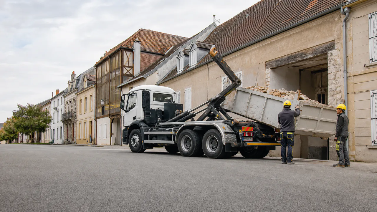 Camion ampliroll déposant une benne dans une rue de ville du Grand Est.