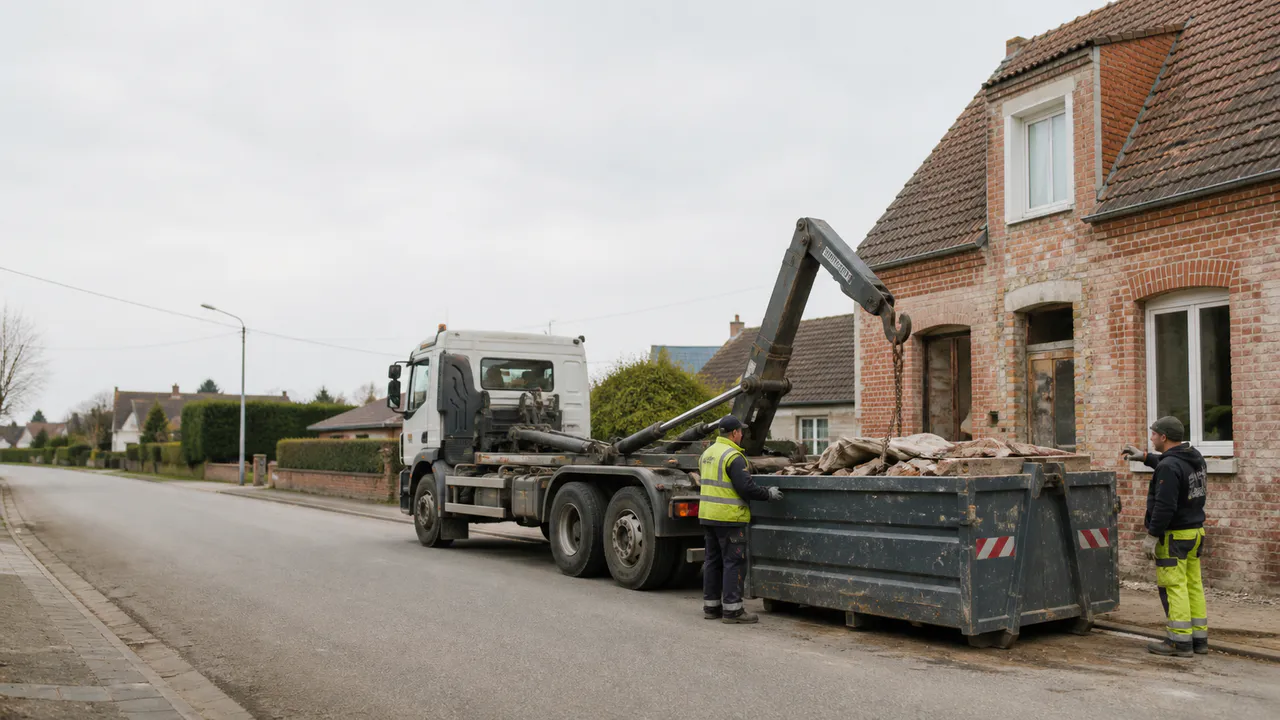 Équipe de chantier autour d’une benne devant une maison en brique.
