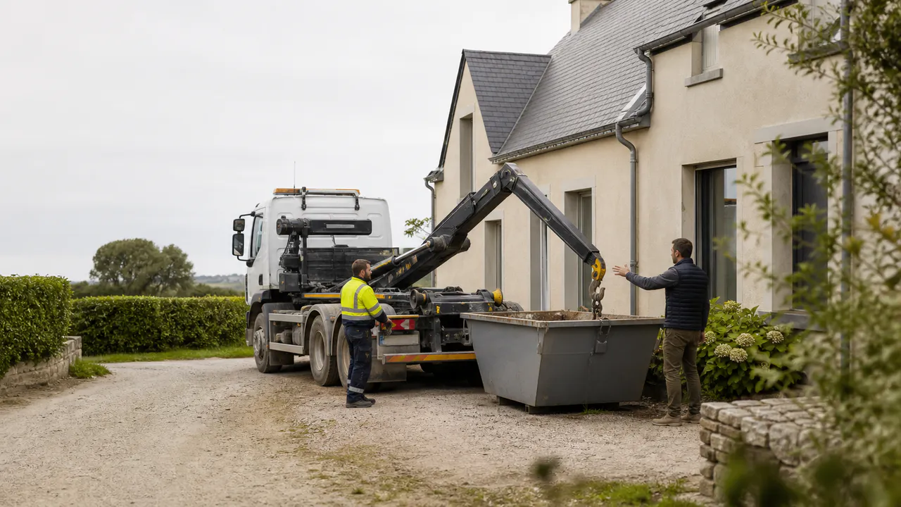 Chauffeur livrant une benne près d’une maison aux toits d’ardoise et aux haies denses.