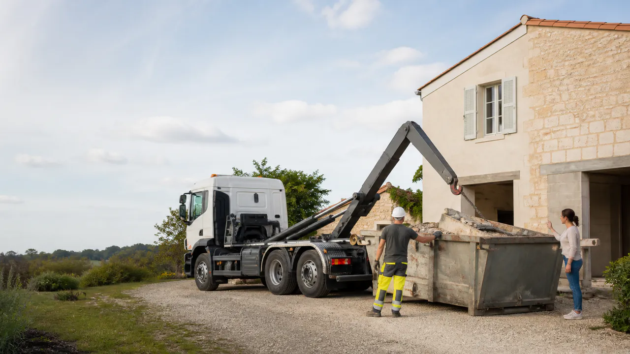 Chauffeur et cliente coordonnant la pose d’une benne près d’une maison en pierre claire.