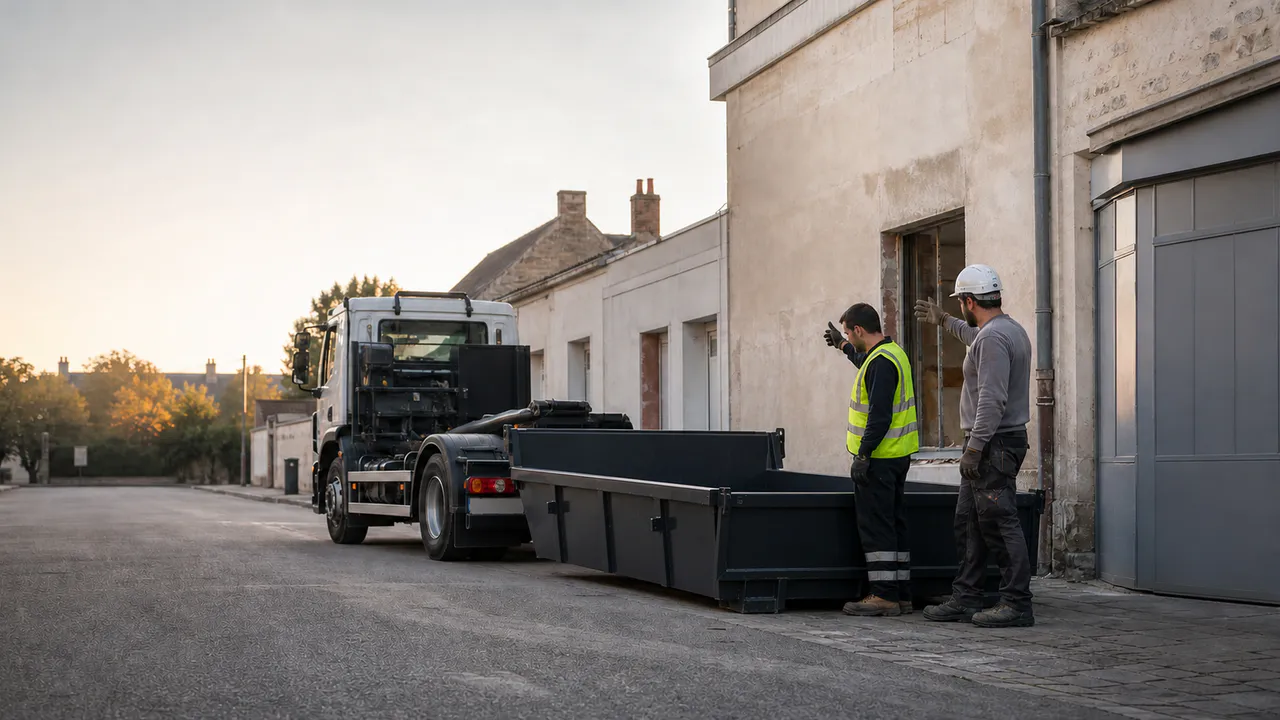Conducteur préparant une livraison rapide de benne avec le responsable du chantier.