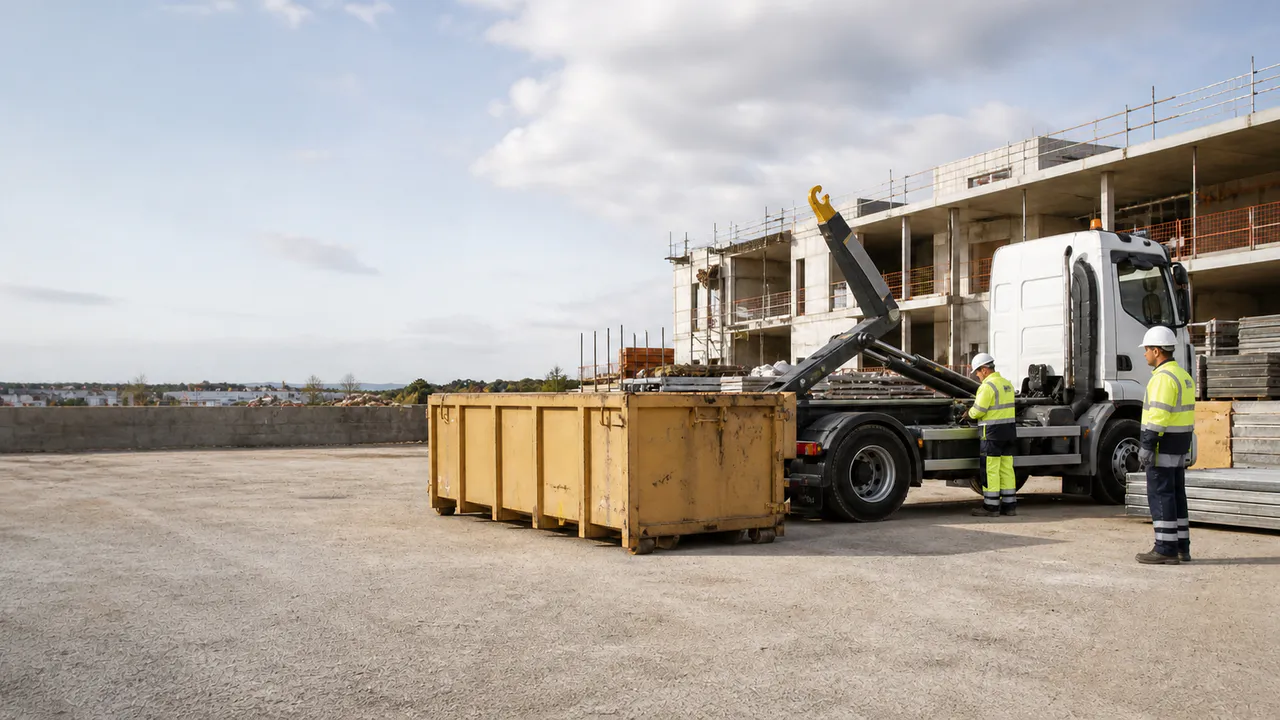 Équipe de chantier guidant un camion ampliroll pendant une rotation de benne.