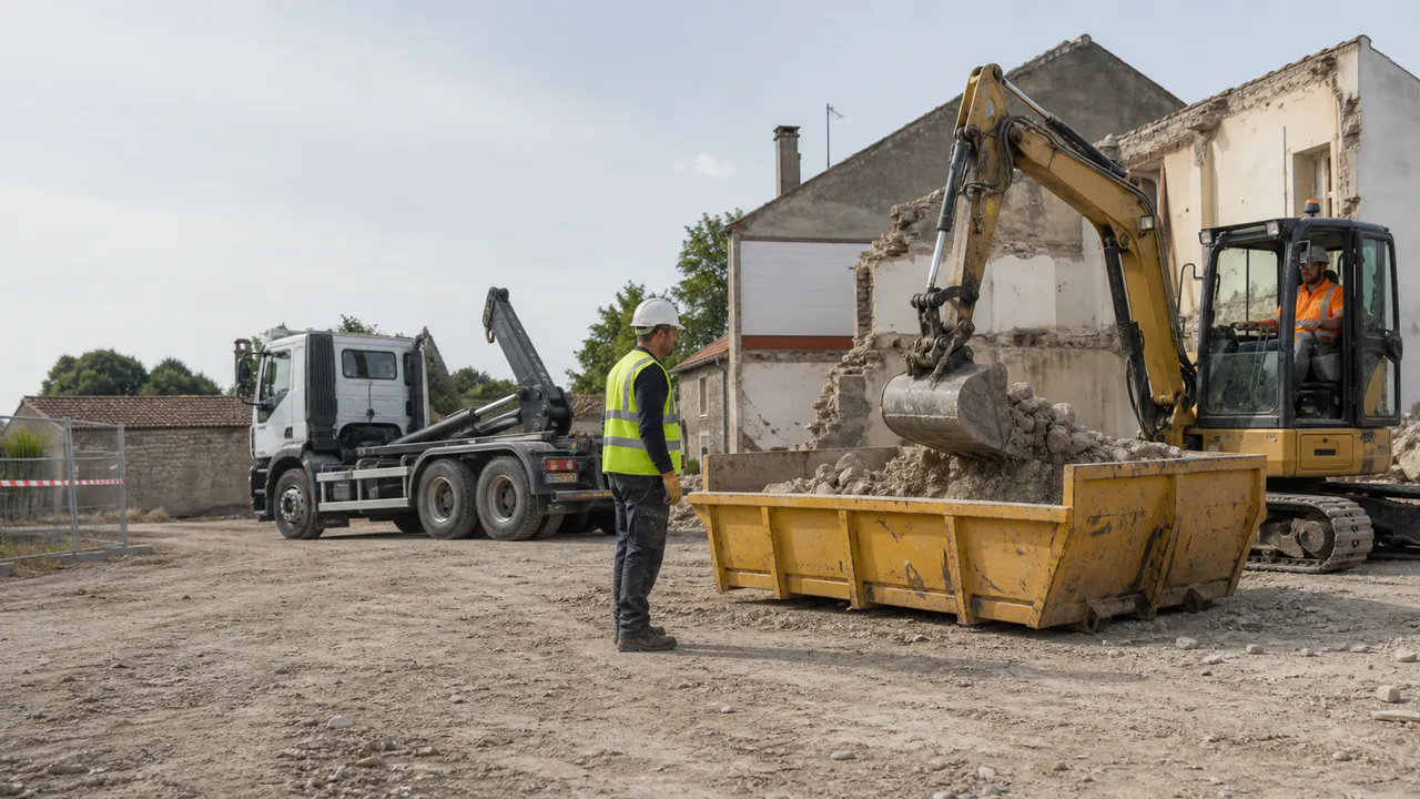 Ouvriers équipés travaillant autour d’une benne sur un chantier de démolition.