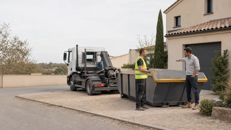 Particulier et chauffeur vérifiant la pose d’une benne devant une maison en travaux.