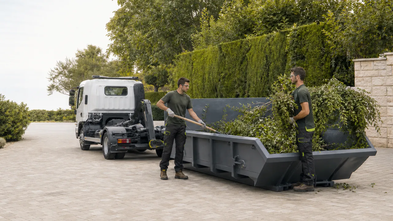 Paysagistes chargeant des tailles et branches dans une benne dédiée.
