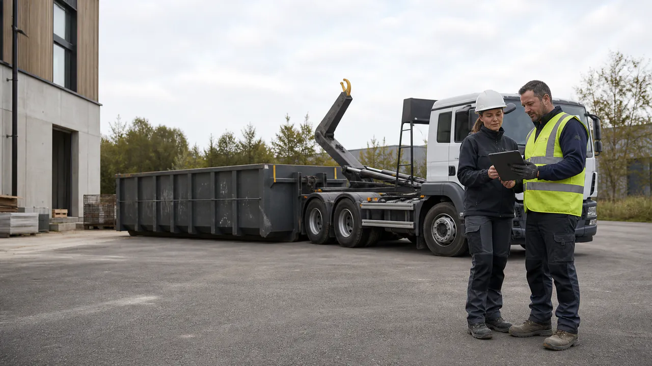 Artisan et conducteur coordonnant une livraison de benne sur un chantier professionnel.