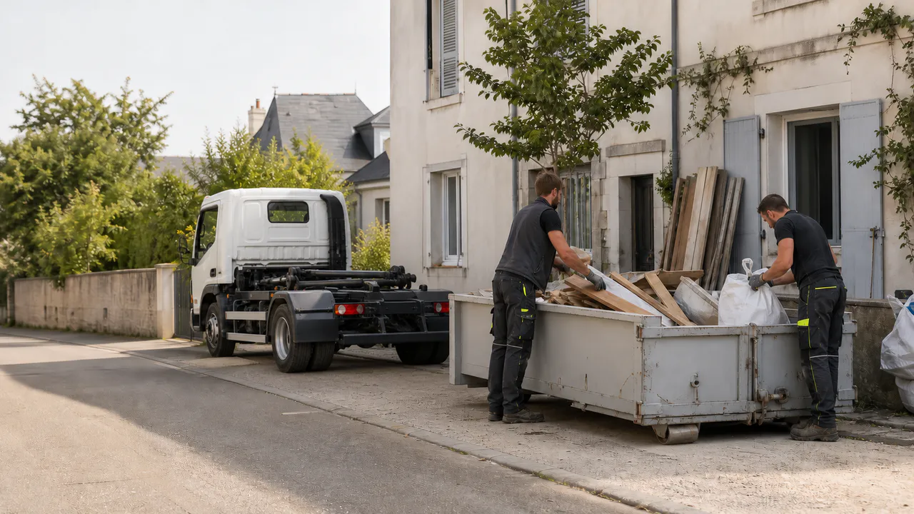 Artisans évacuant des matériaux d’une rénovation intérieure vers une benne.