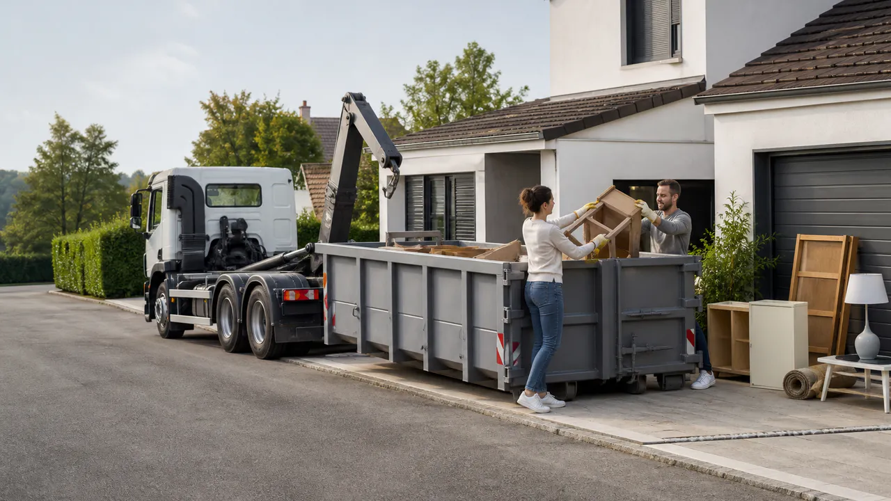 Professionnel à côté d’une benne 10 m³ pour montrer ses dimensions réelles.